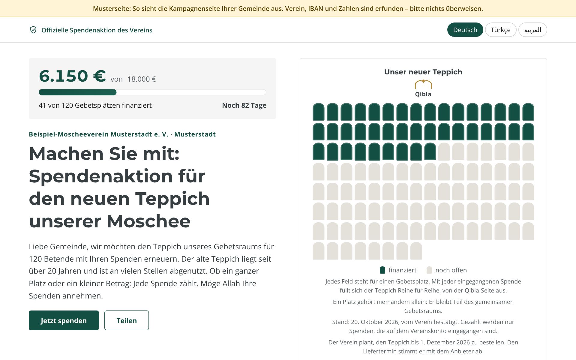 Page d'exemple d'un parrainage de tapis sur ordinateur avec l'avancement des dons et les places de prière