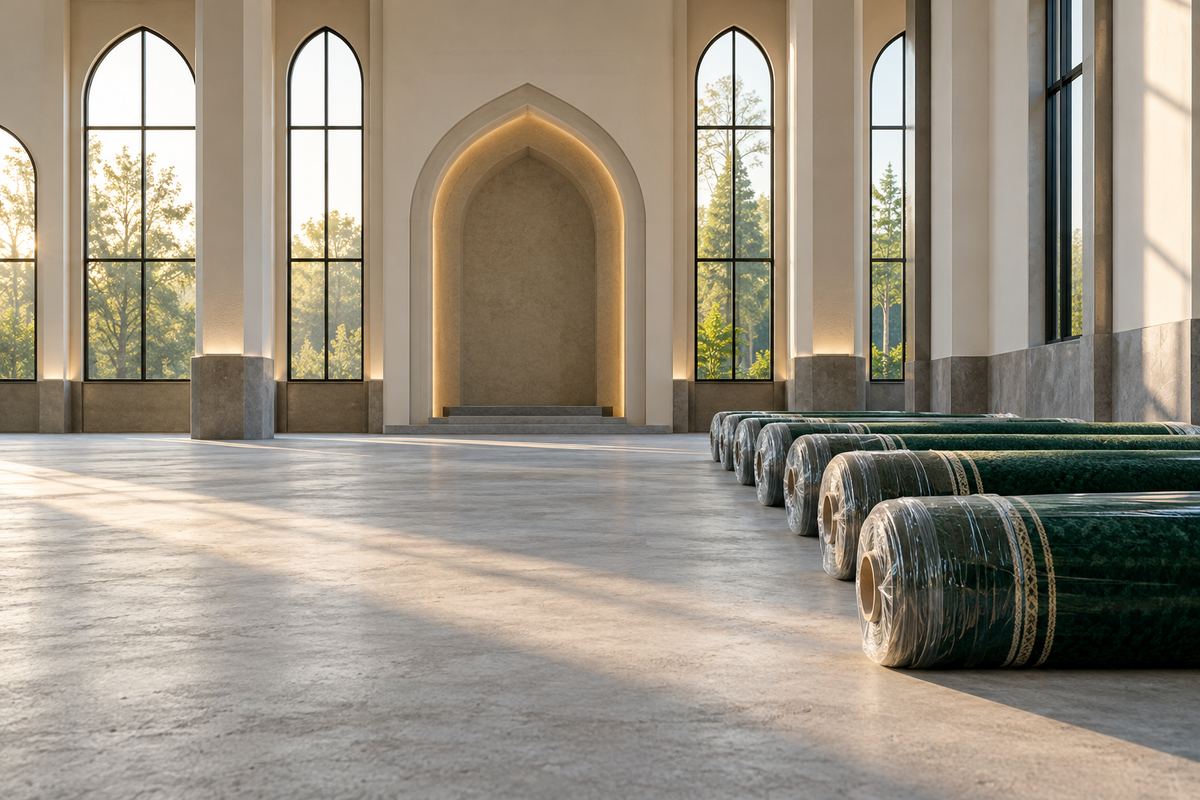 Salle de prière vide avec des rouleaux de tapis vert emballés sous film, peu avant la pose